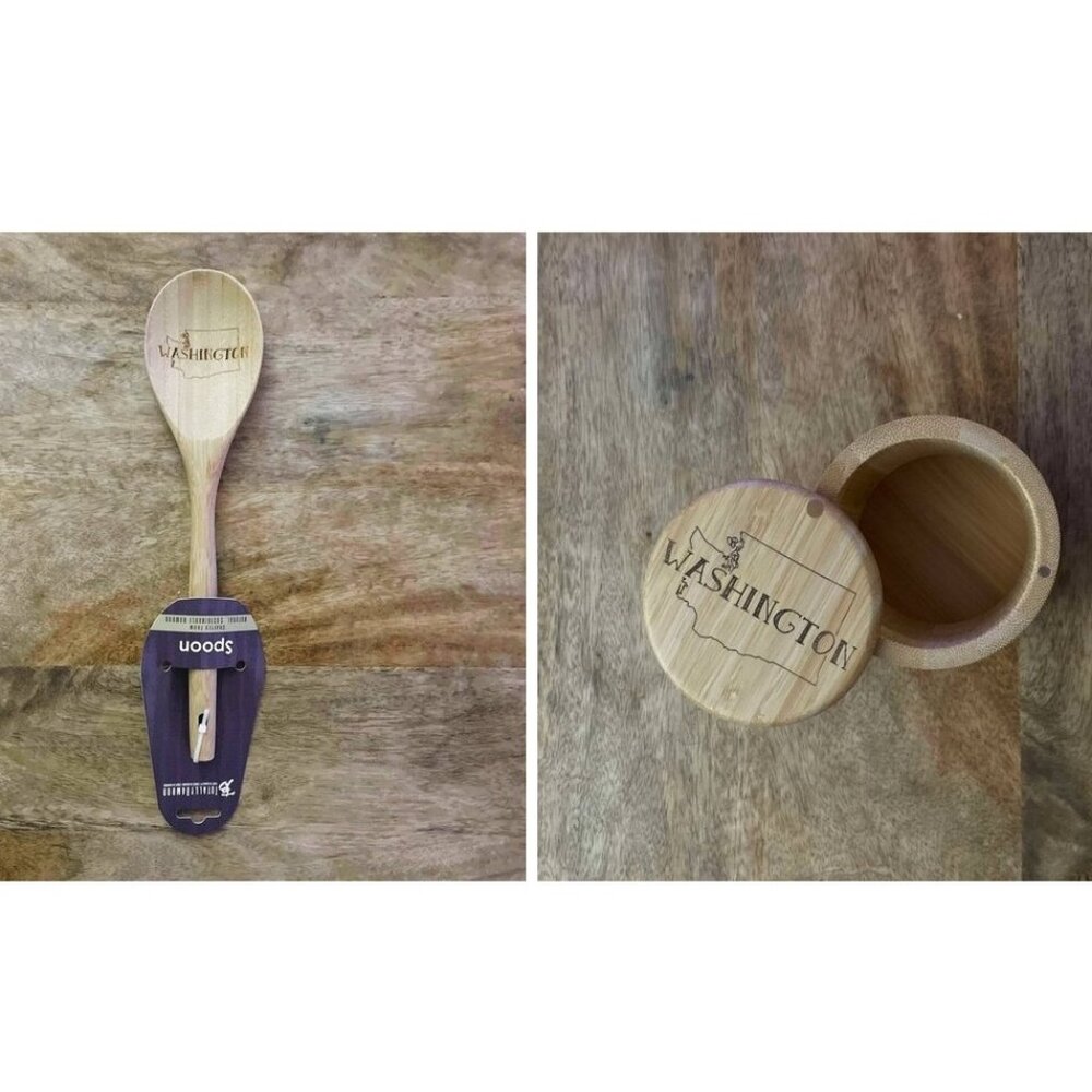 NEW 2Pc Washington State Large Wood Spoon & Salt Cellar Set